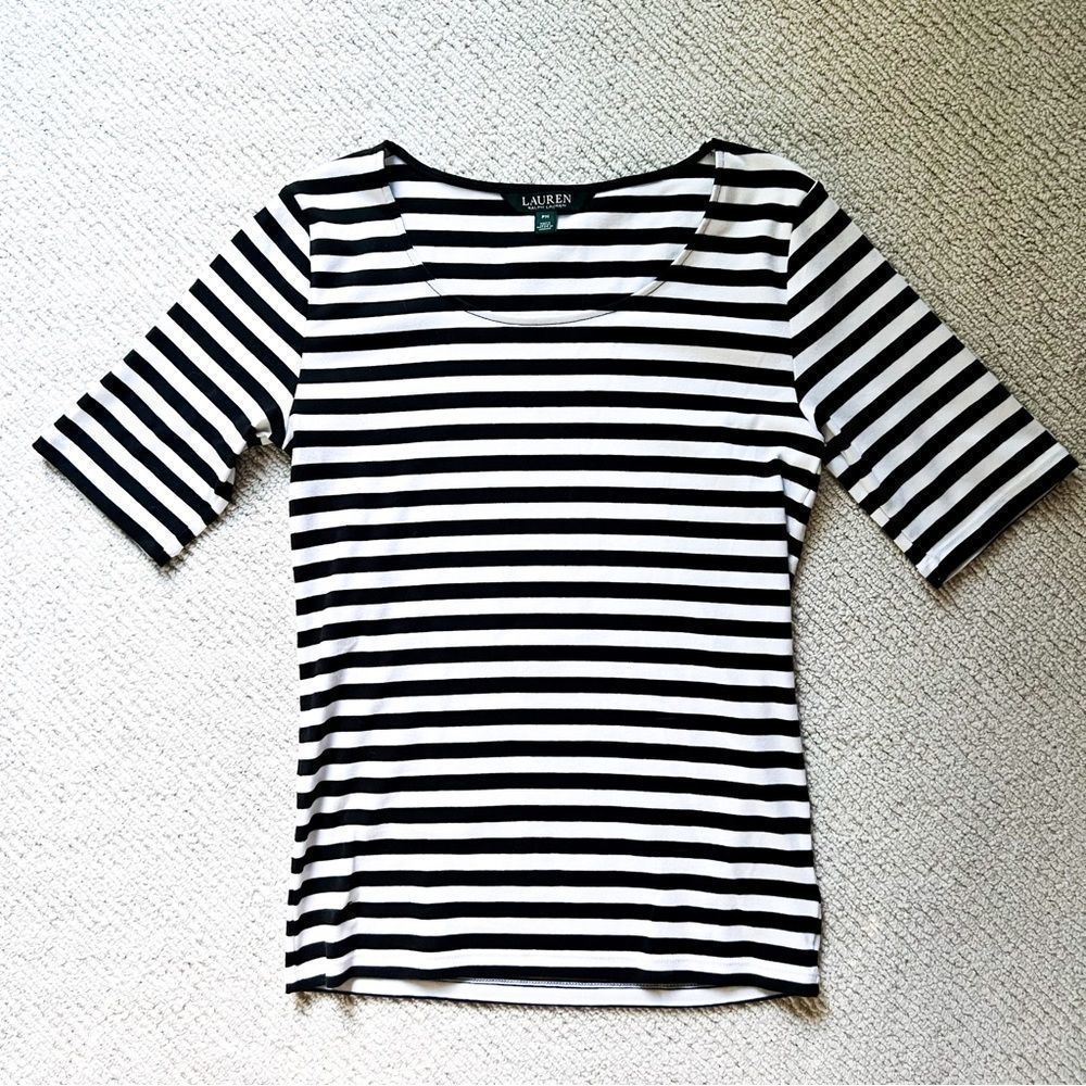 Lauren by Ralph Lauren Top PM Black and White Stripes EUC Petite Medium